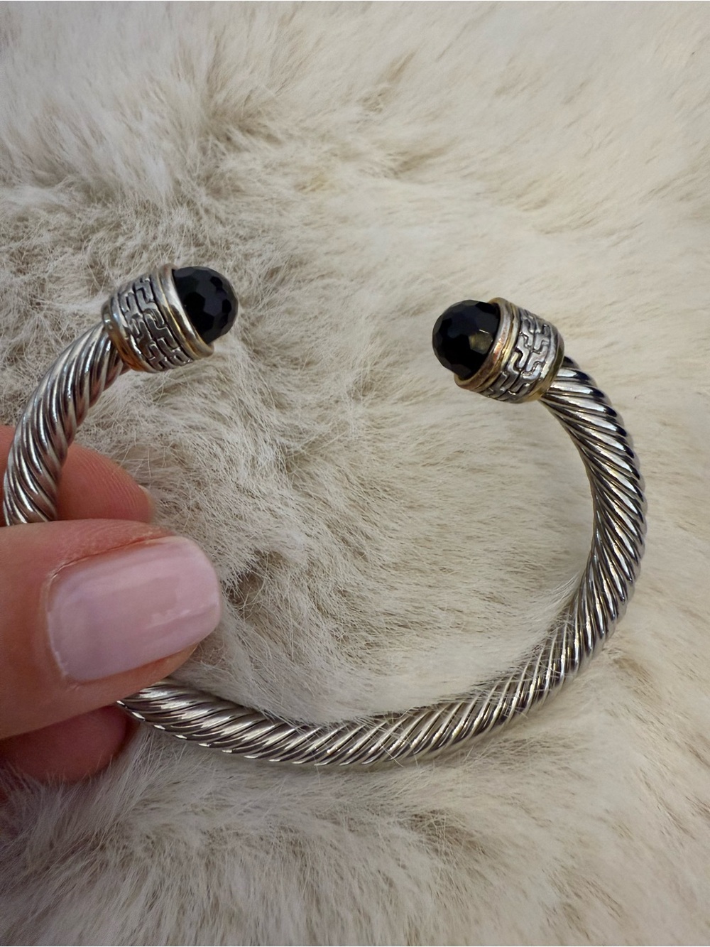 Twisted Silver Open Cuff Bracelet with Black Gemstone End Caps